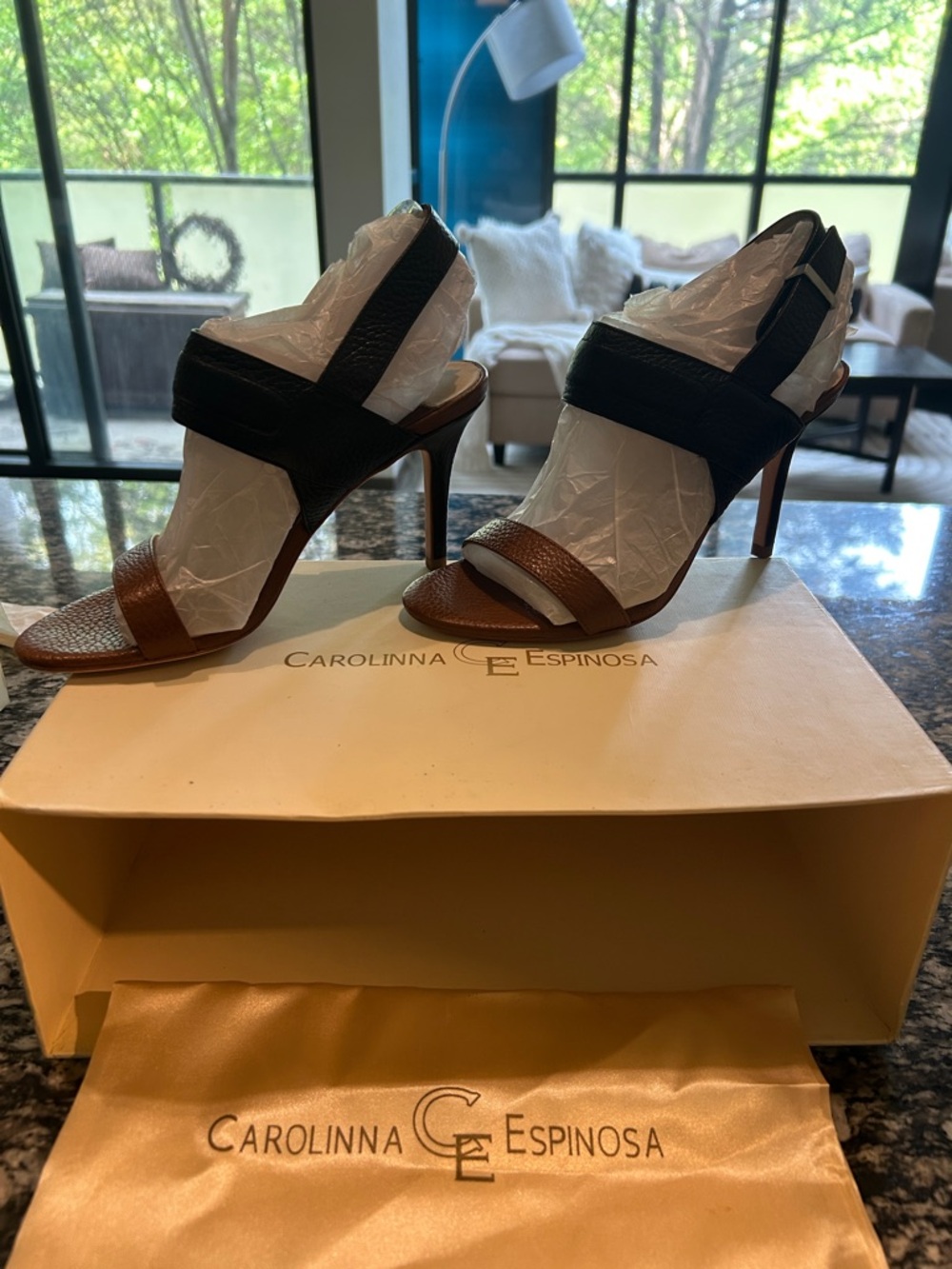 Carolinna Espinosa Two-Tone Leather Stiletto Sandals — Black & Brown